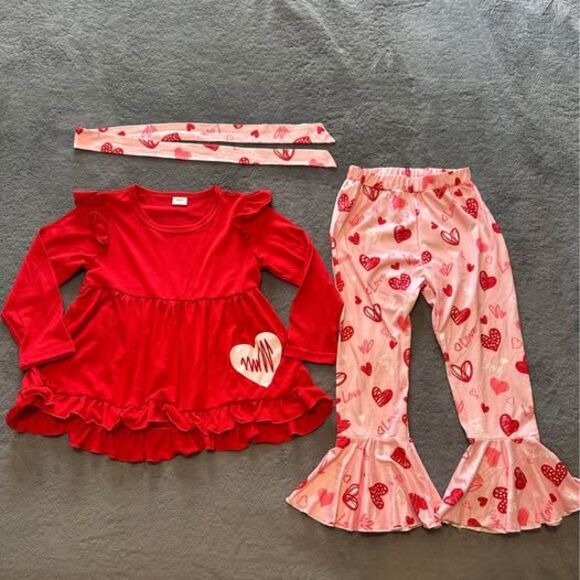 Other - NEW 3pc Girls Valentine’s Day Belle Bottom Pants Outfit W/Matching Headband